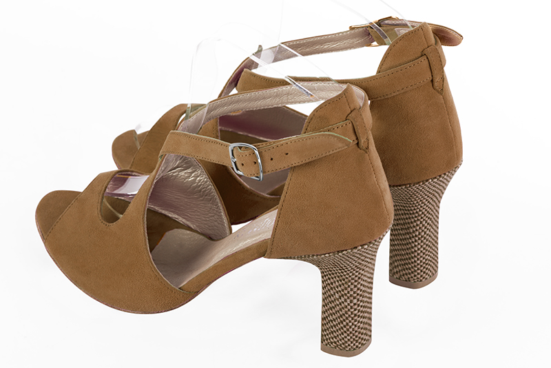 Caramel brown women's closed back sandals, with crossed straps. Round toe. High kitten heels. Rear view - Florence KOOIJMAN